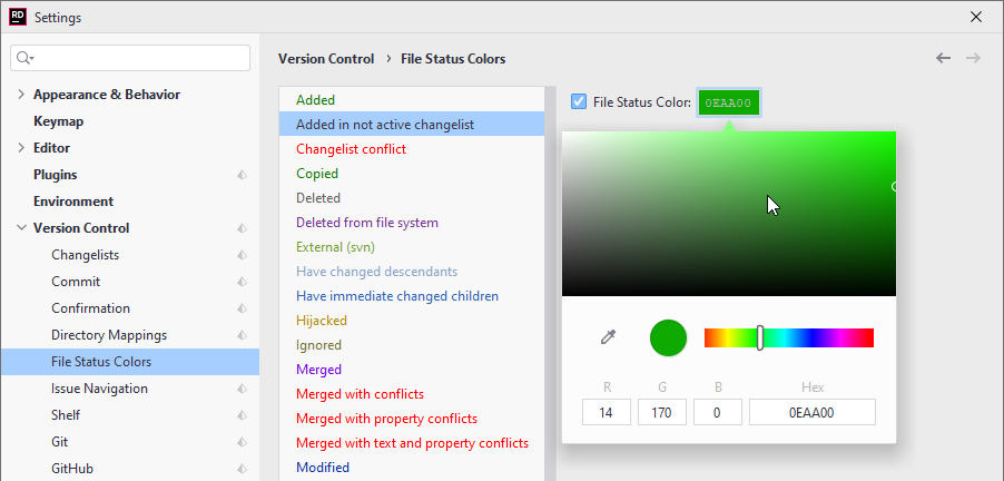 JetBrains Rider: Configure VCS file status colors