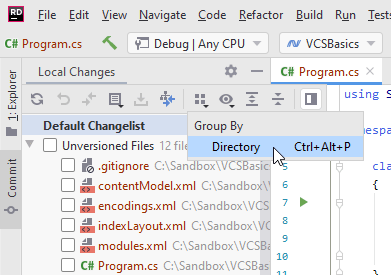 JetBrains Rider VCS: Grouping unversioned files by directory