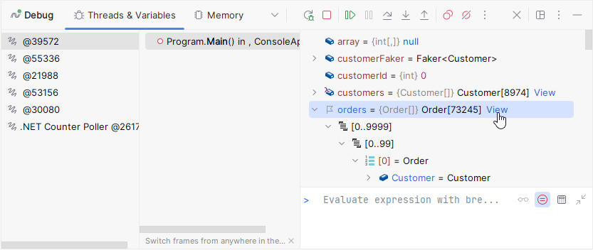 JetBrains Rider: Open tabular visualization for a complex variable