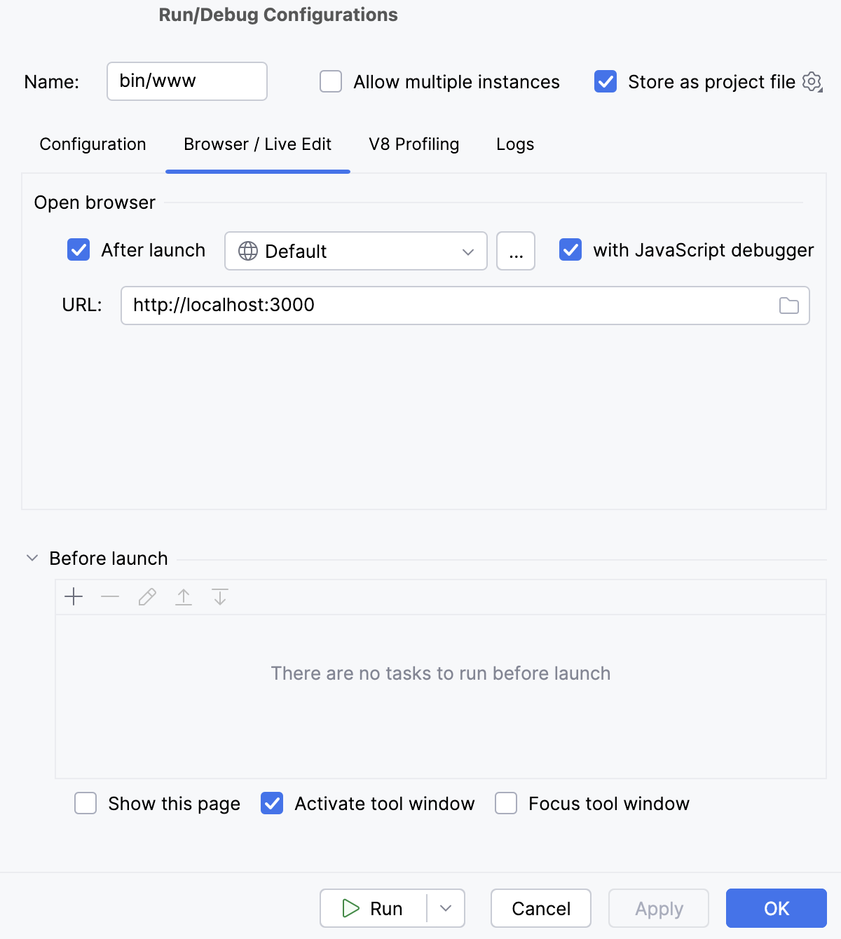 Node.js run/debug configuration: Browser/Live Edit tab