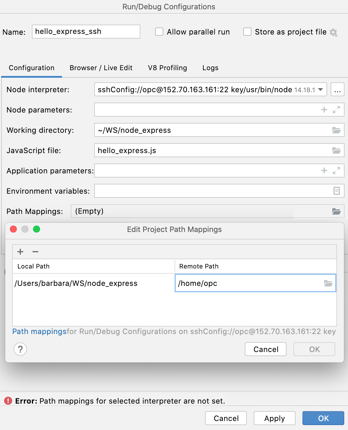 Create Node.js run configuration: mapping added