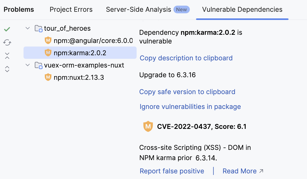 Problems tool window: Vulnerable Dependencies tab