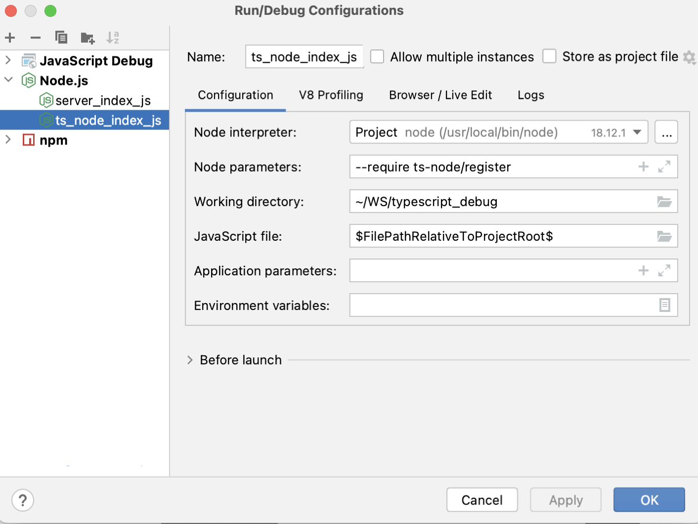 Custom run-debug configuration for ts-node