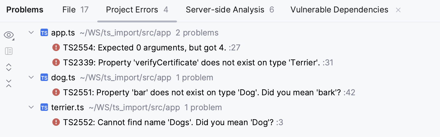 Problems tool window, TypeScript. Project Errors tab shows syntax errors across the project