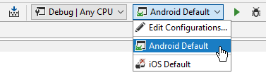 JetBrains Rider: Choosing a run/debug configuration for Xamarin application