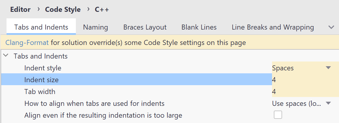 Code formatting options overridden by Clang-Format styles