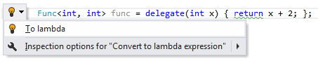 JetBrains Rider: Converting anonymous method to lambda expression