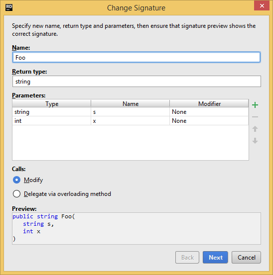 JetBrains Rider Change Signature wizard