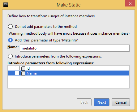 JetBrains Rider. 'Make Static' refactoring