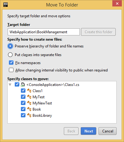 JetBrains Rider. Move to Folder refactoring