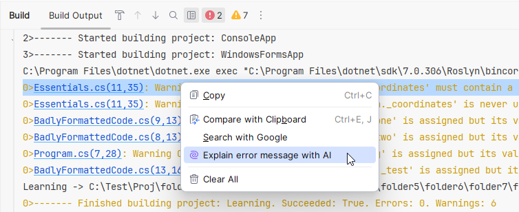 JetBrains Rider: Explain build warning with AI