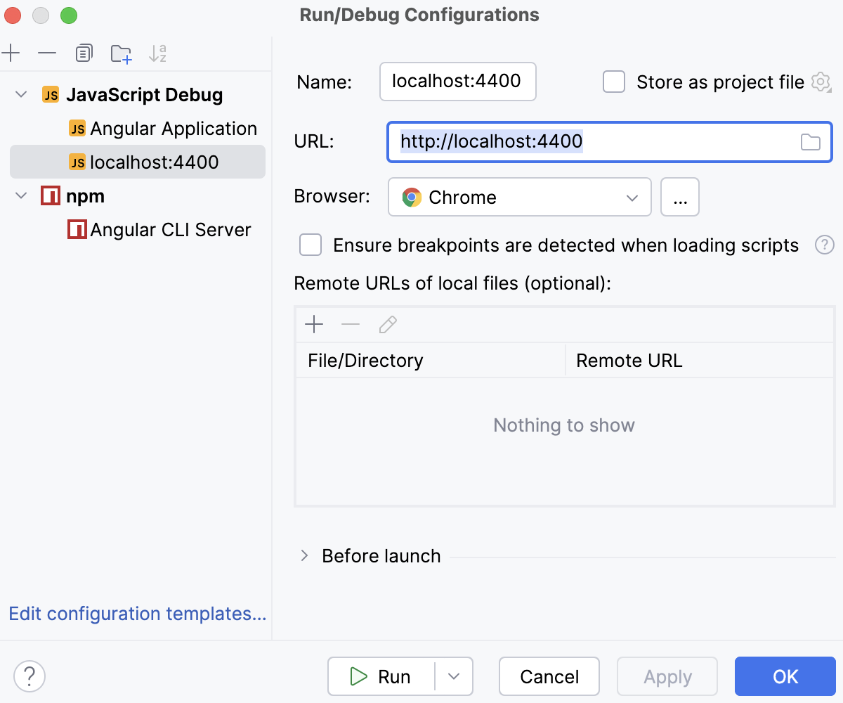 Create a JavaScript Debug configuration: specify the URL