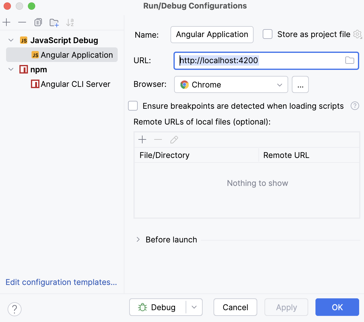 Select the generated JavaScript debug run/debug configuration