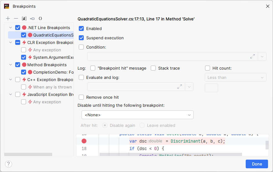 JetBrains Rider: Breakpoints dialog