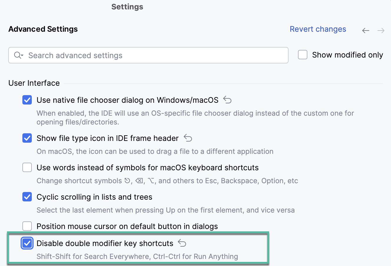 Disabling the double-key shortcuts