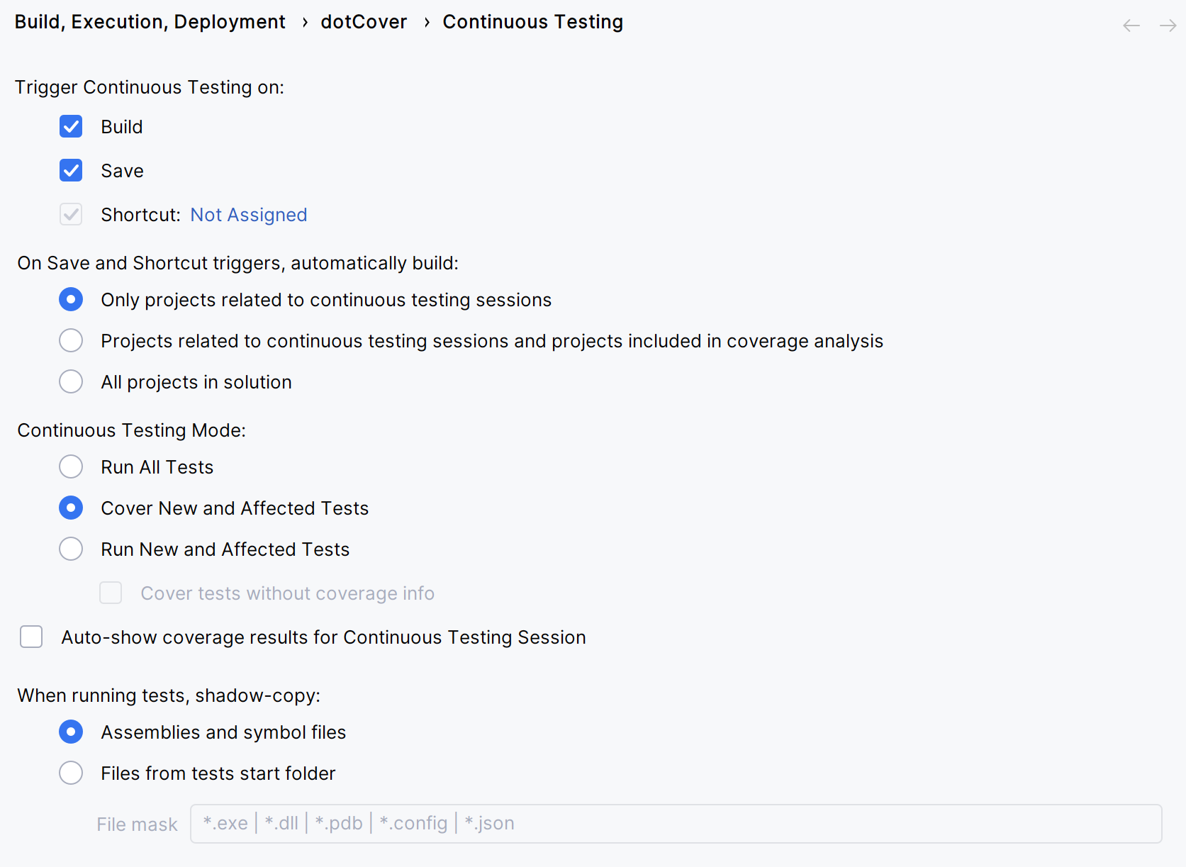 JetBrains Rider: Continuous Testing settings