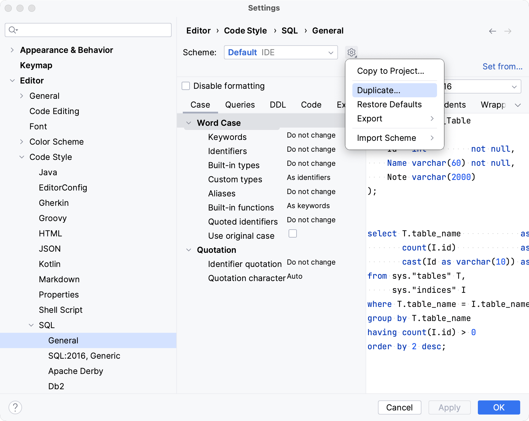 Create a code style for SQL