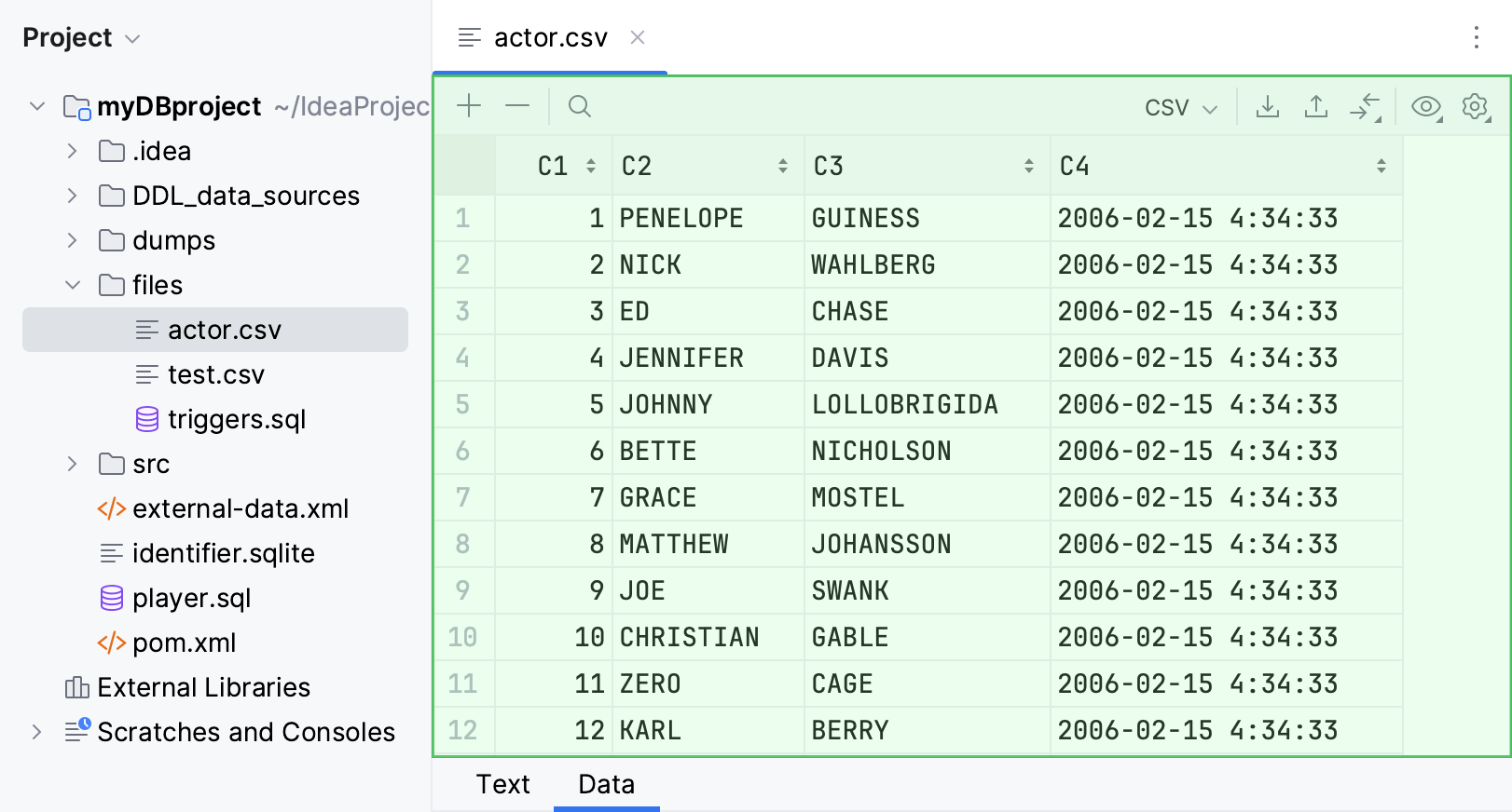 Data editor tab in a delimiter-separated values file editor