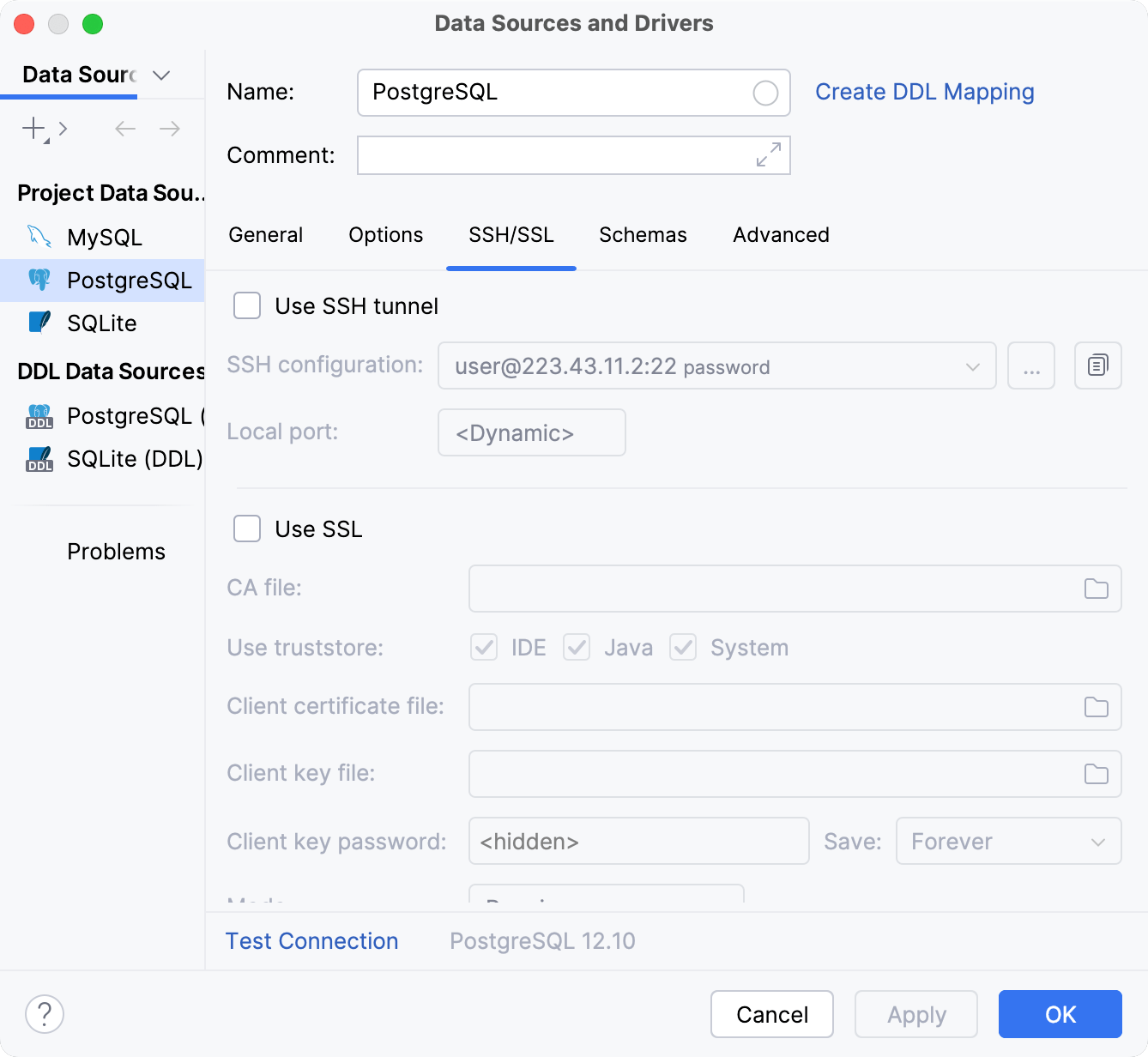 Data Source and Drivers dialog: SSH/SSL tab of Data Sources settings