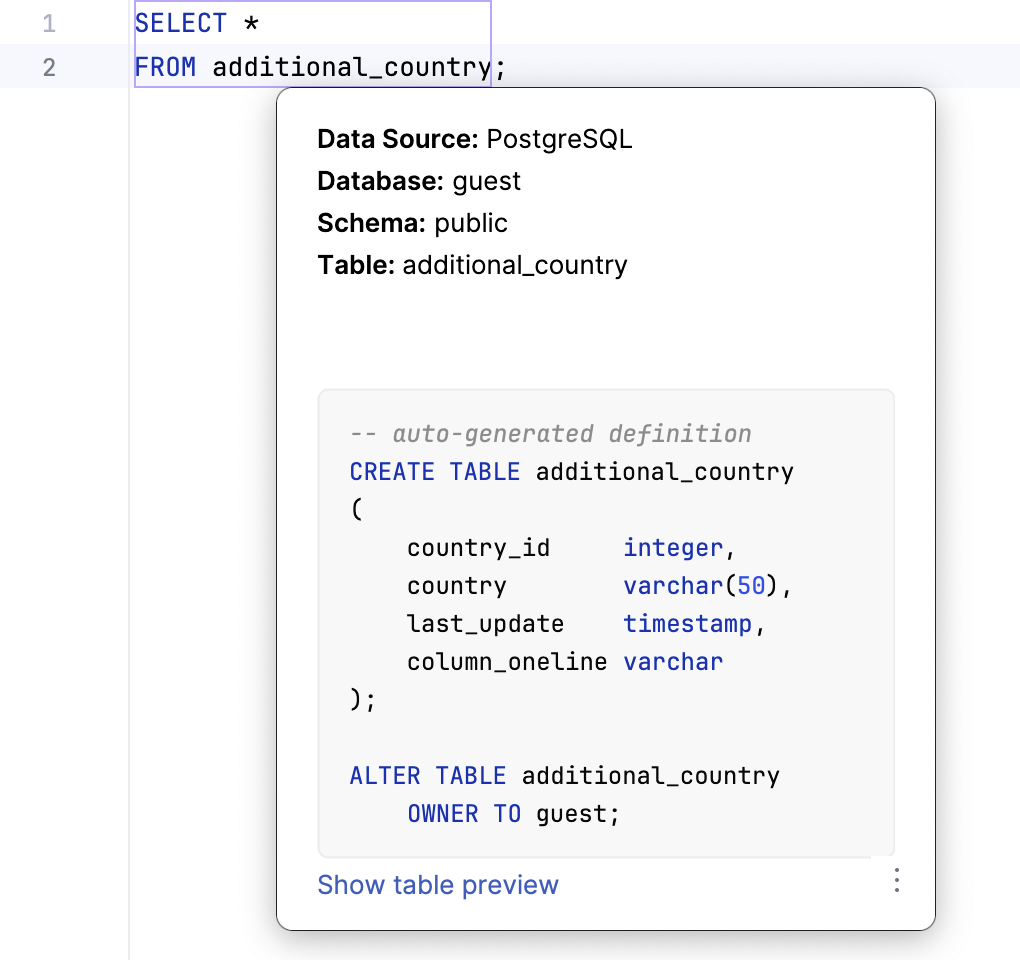 Table information in Quick Documentation popup in the editor