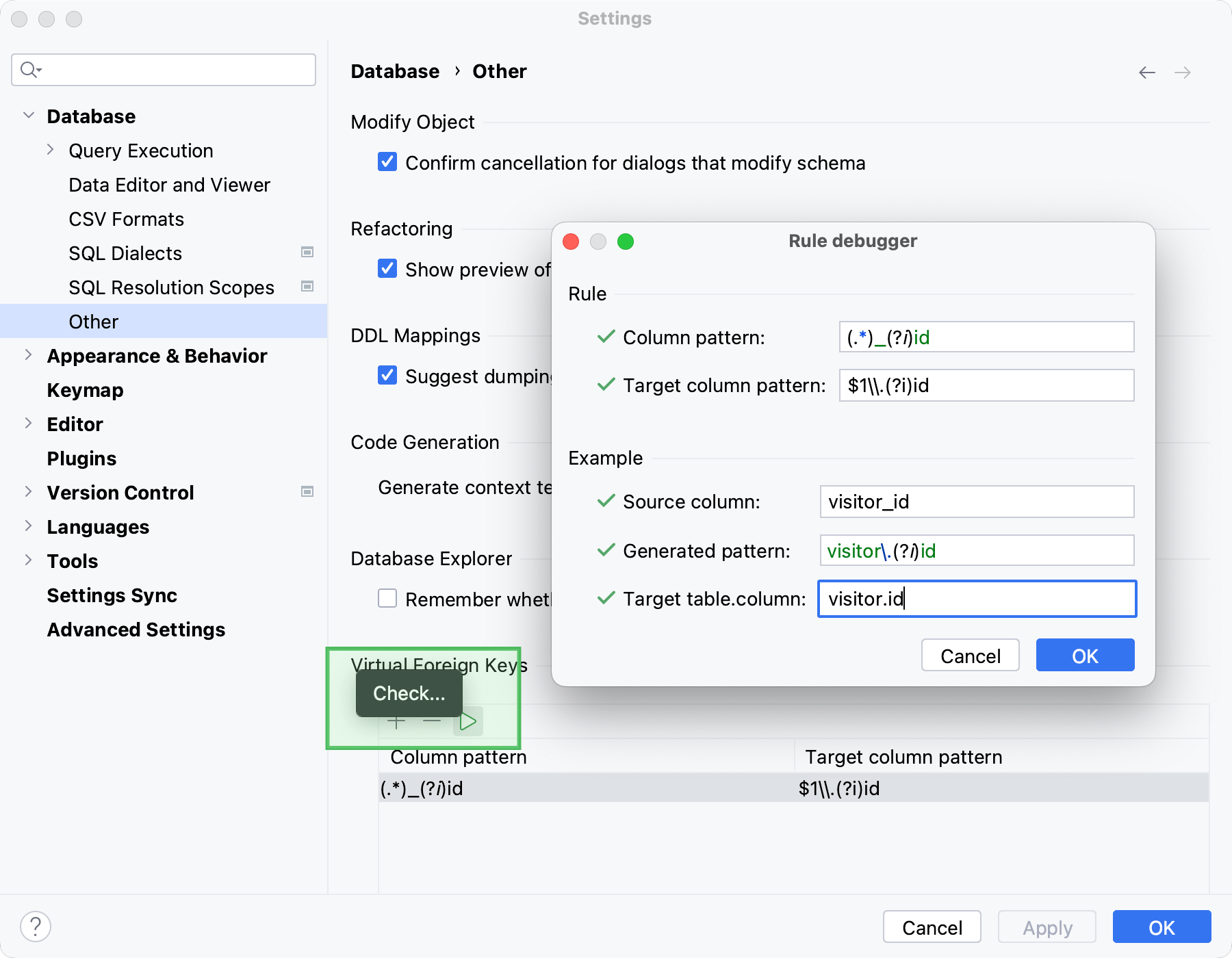 Debug rules for virtual foreign keys