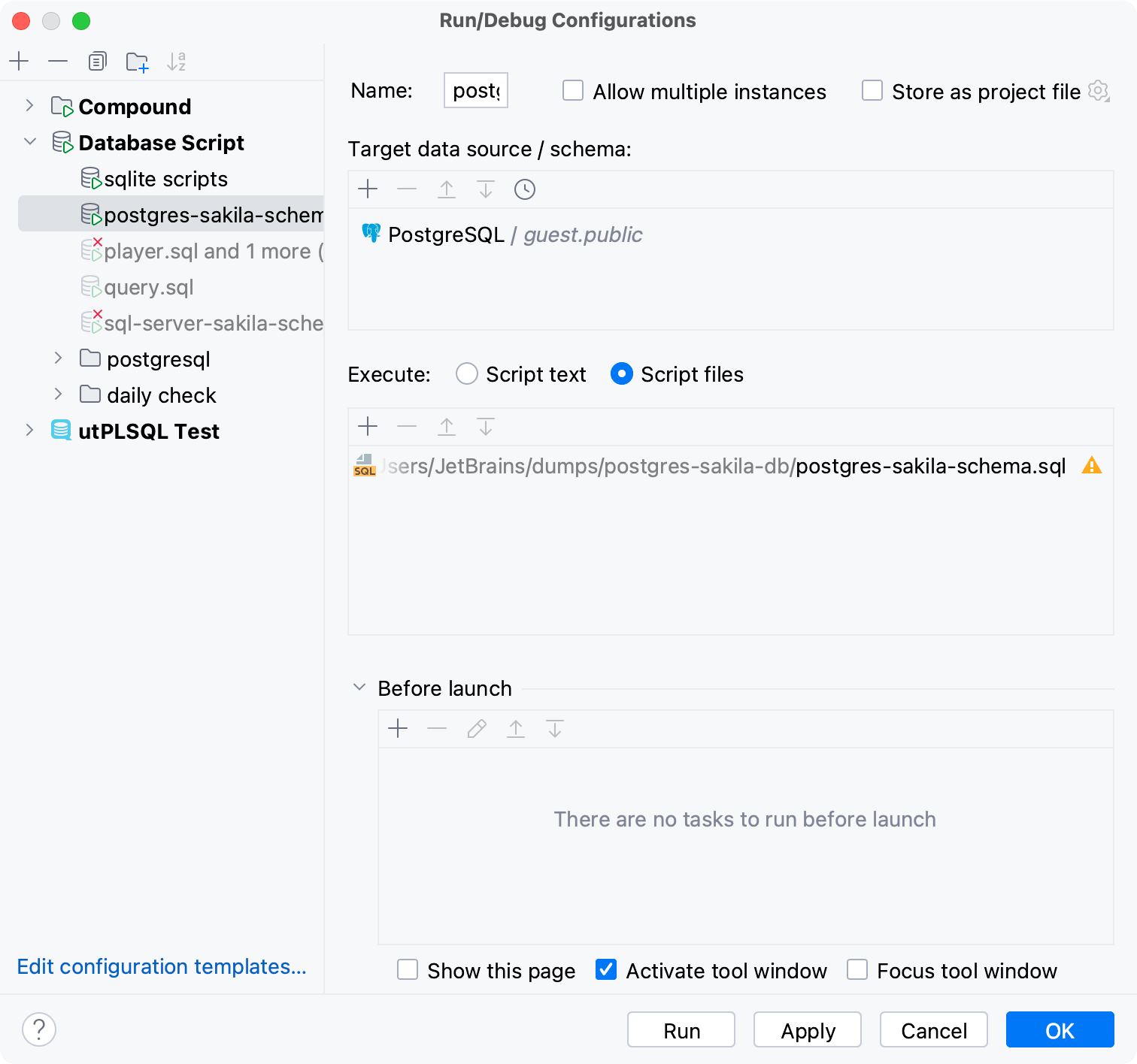 Run script files by using run/debug configurations