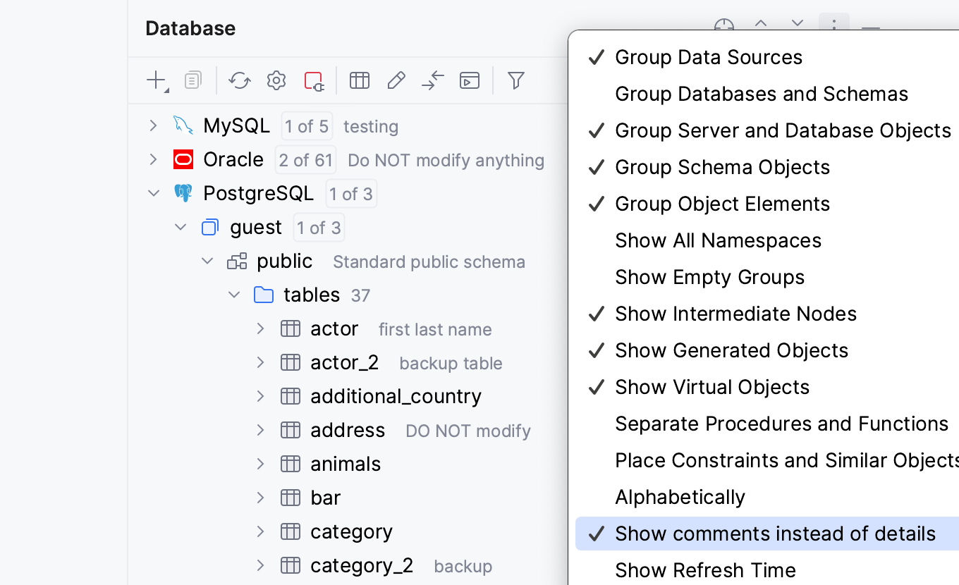 Show descriptions for databases and tables