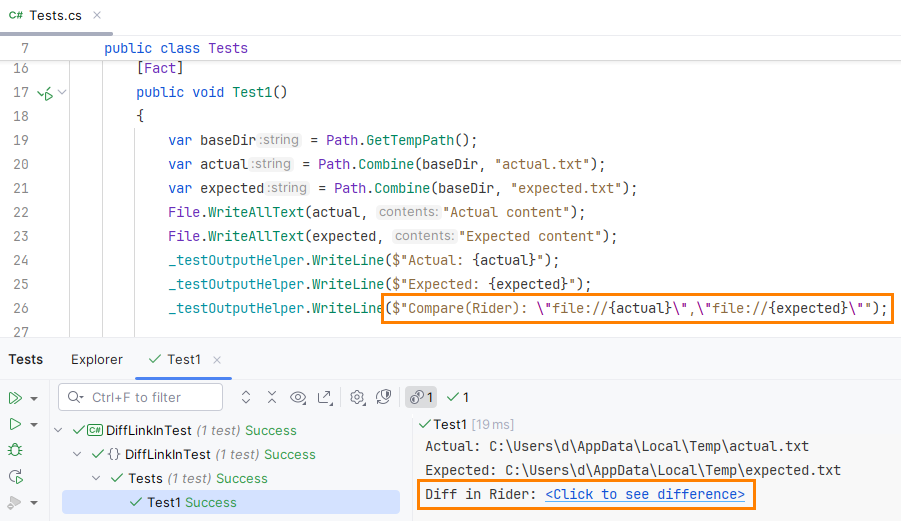 JetBrains Rider: Link to file diff from the test output