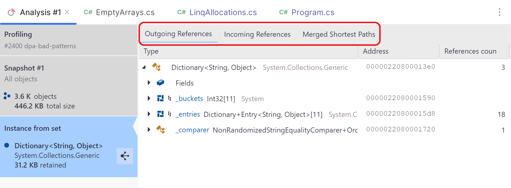 JetBrains Rider: Analyzing an instance views