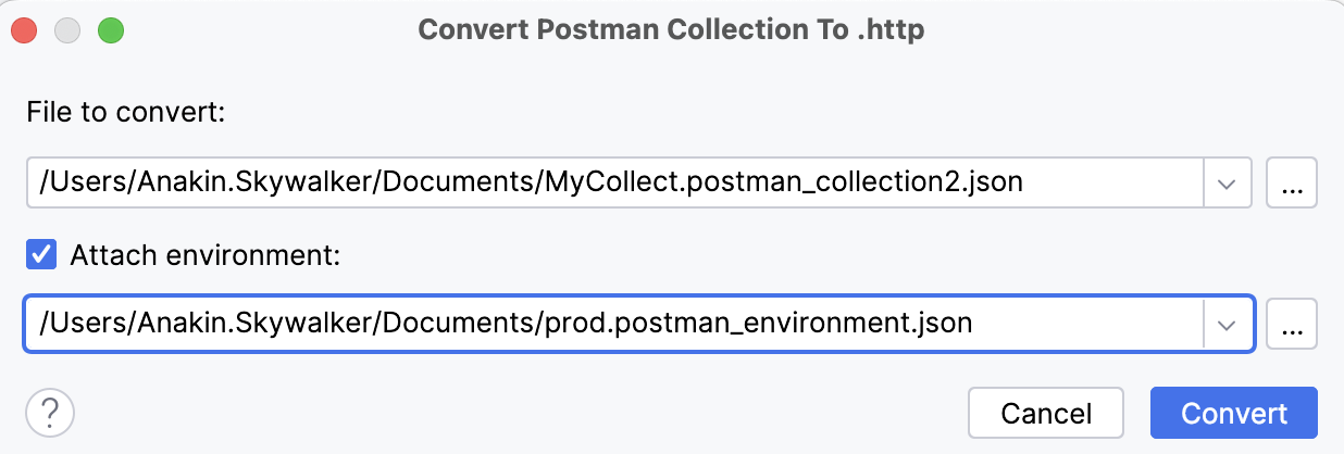 Import from Postman window