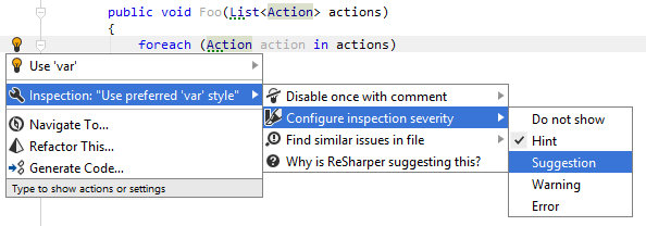 Changing inspection severity level