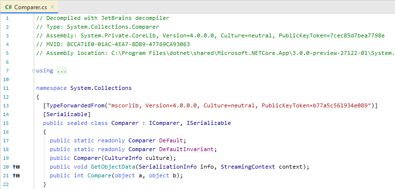 JetBrains Rider: Metadata view of a library symbol