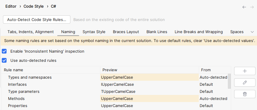 JetBrains Rider highlighting automatically-set naming rules with yellow