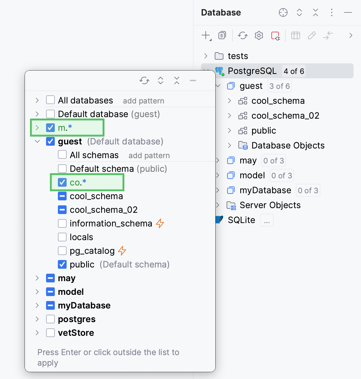 Regular expressions in pattern-based schema filter