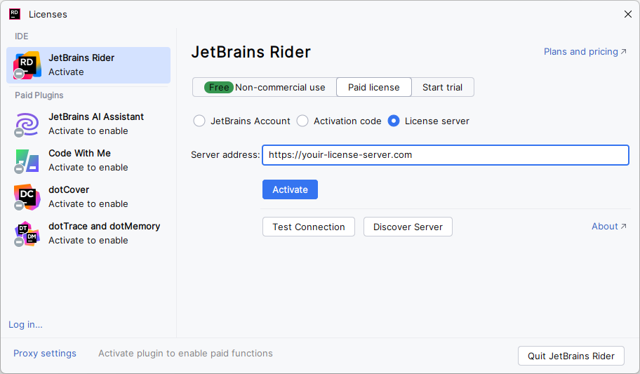 Activate JetBrains Rider license with a license server