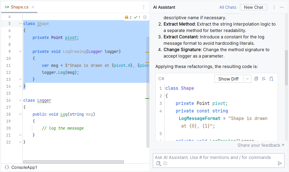 JetBrains Rider: AI Assistant suggests refactoring