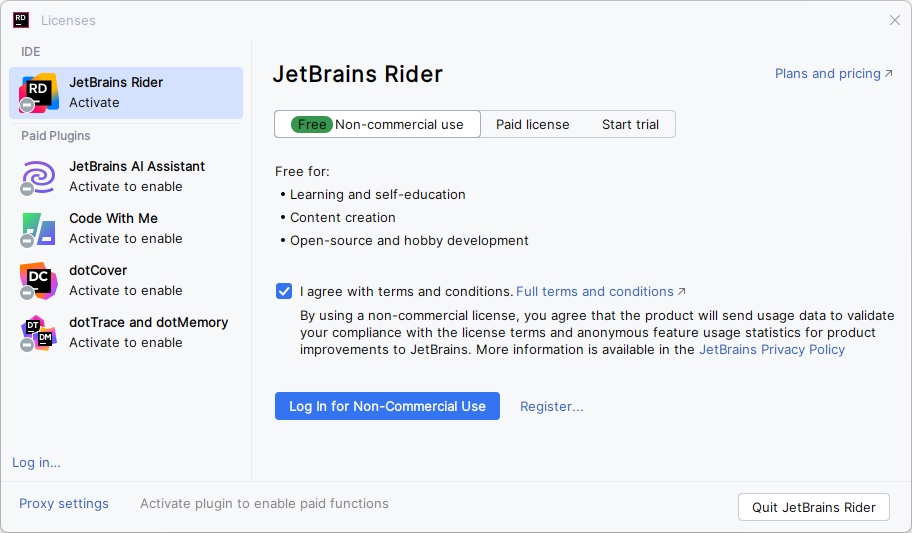 JetBrains Rider: The Licenses dialog with the option to activate a free license