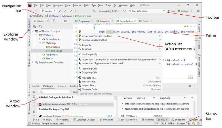 JetBrains Rider main window in the classic UI