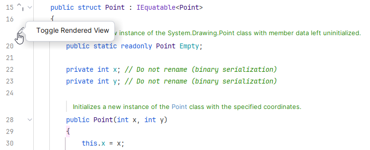 JetBrains Rider: Toggle rendered view for documentation comments