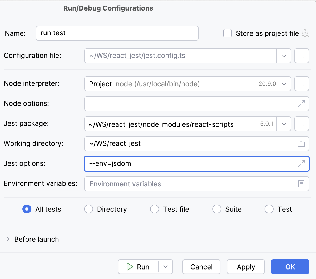 Testing React: Jest run configuration