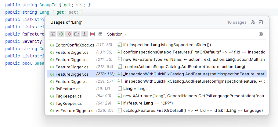 JetBrains Rider: Show Usages popup