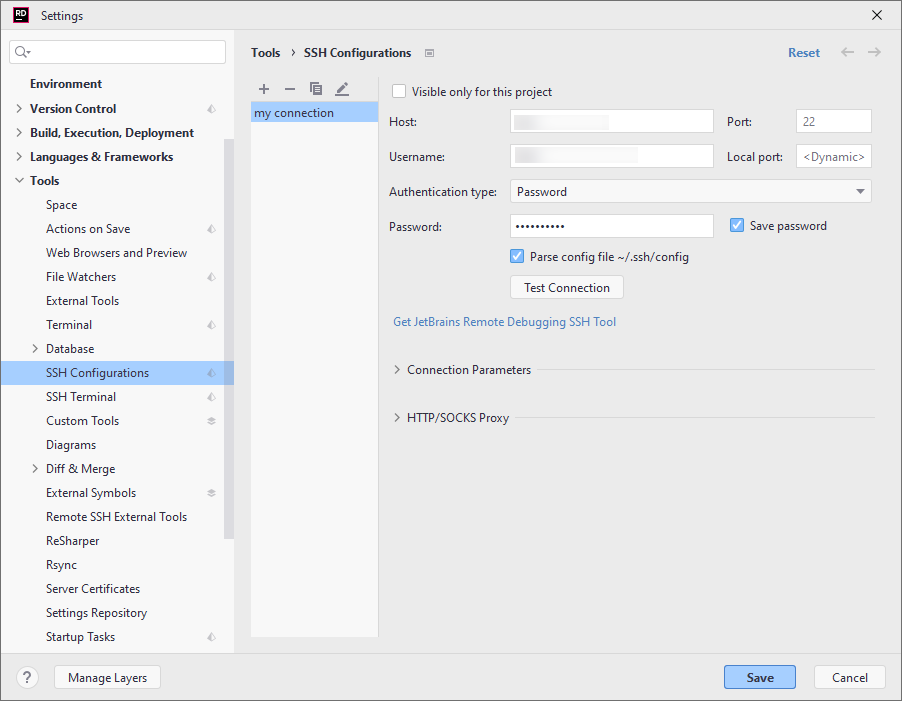 SSH remote debugging. Remote debug settings