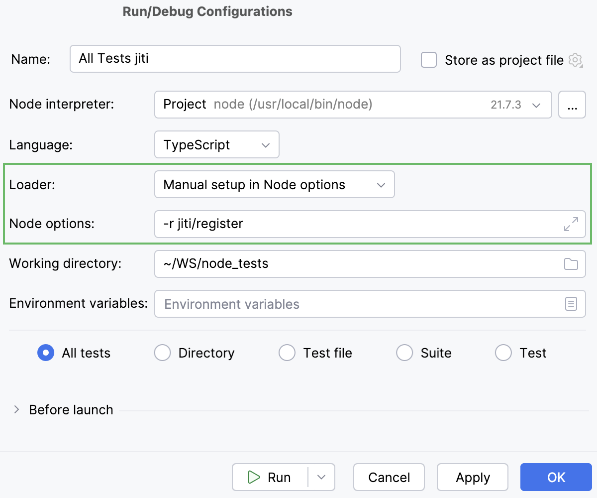 TypeScript tests: configure a custom loader