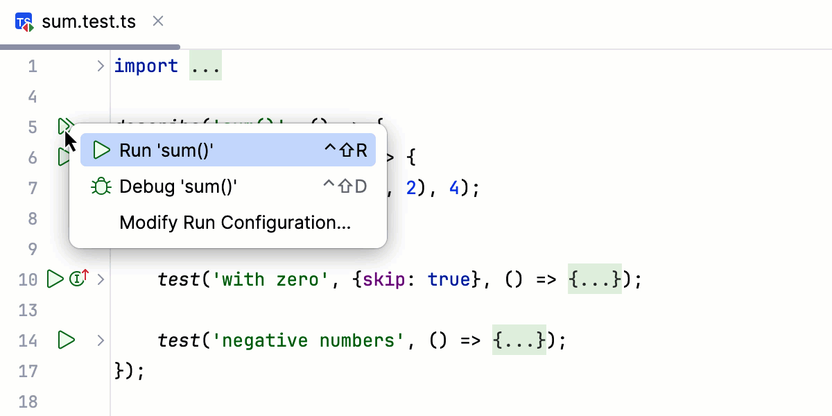 Run suites from the editor with Node.js built-in test runner