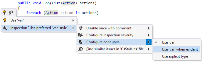 Changing code style preference for 'var' keyword