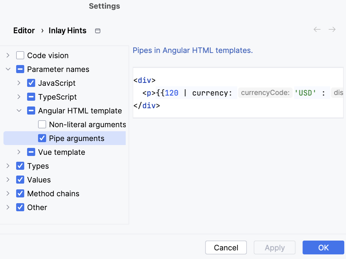 Configure parameter hints in Angular templates