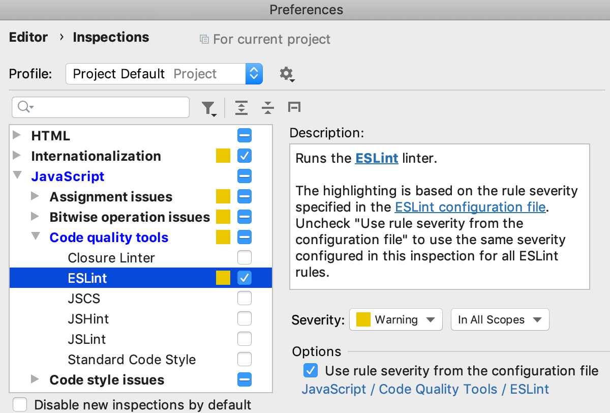 Specifying a custom severity level for ESLint