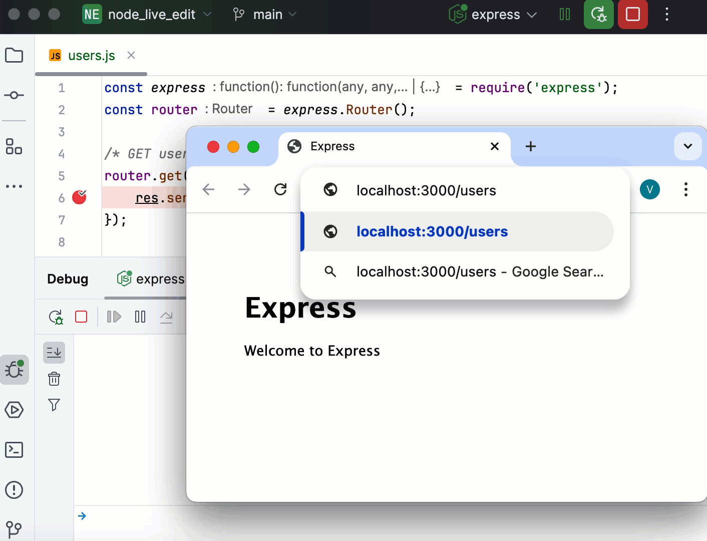 Start and debug a Node.js Express app