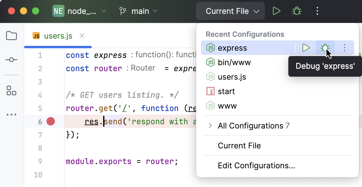 Start a Node.js  debugging session with a run/debug configuration