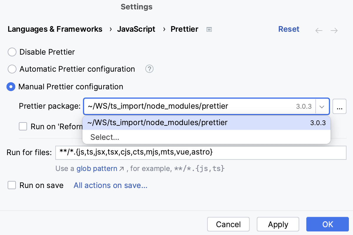 Configure Prettier: manual mode